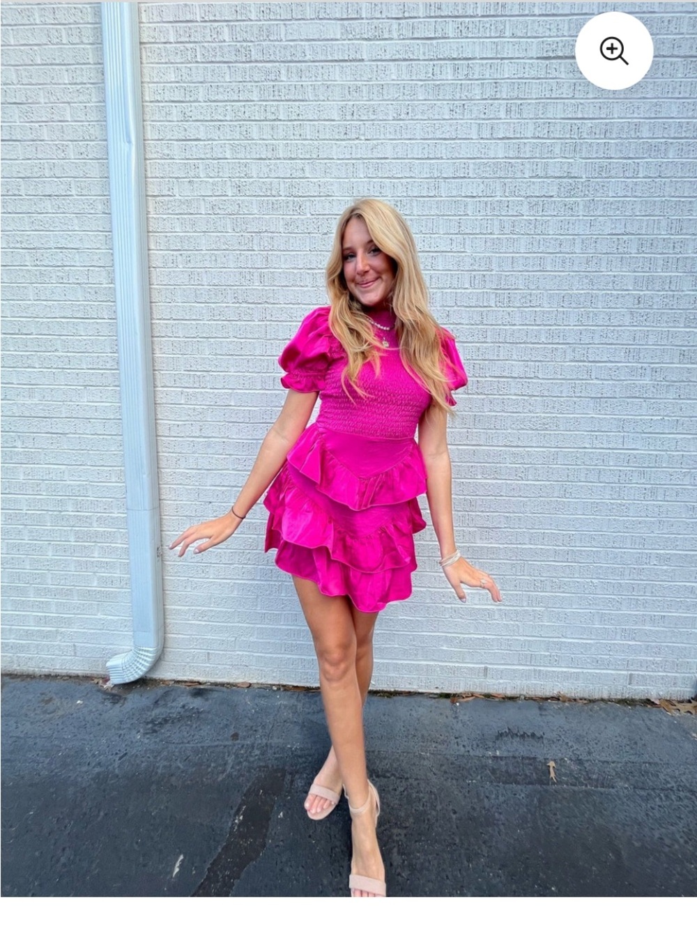 Karlie Hot Pink Puff-Sleeve Tiered Satin Ruffle Dress Small